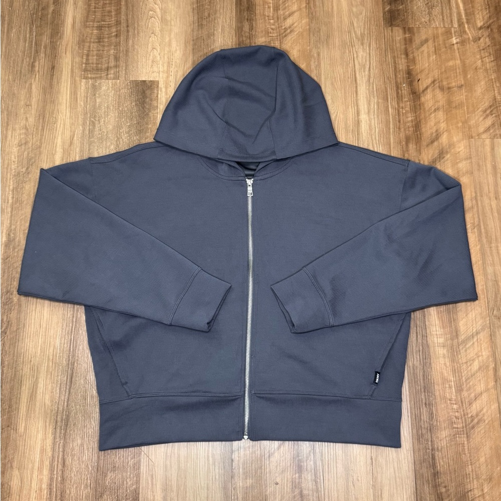 DKNY Sport Women’s Zip Up Ribbed Mid-Weight Hoodie, Steel Blue, Size Large